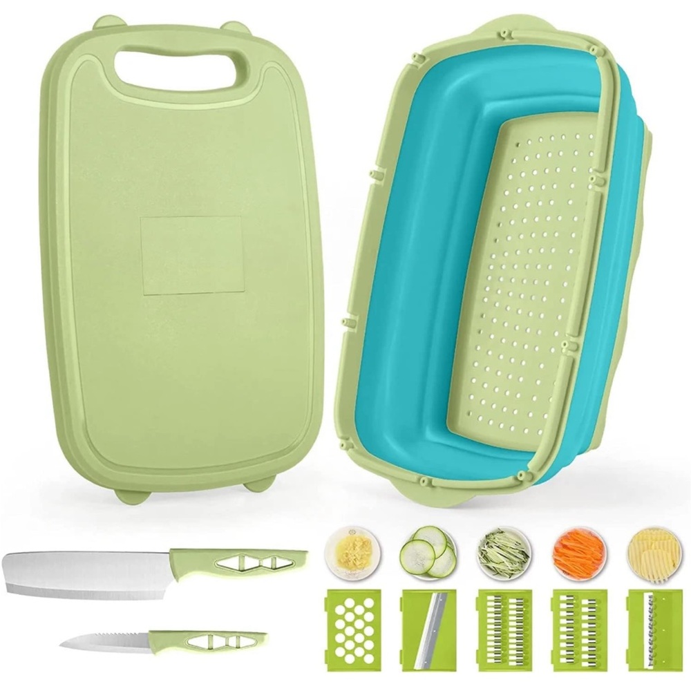 9-in-1 Collapsible Cutting Board with Colander and Prep Tub (Blue/Green)